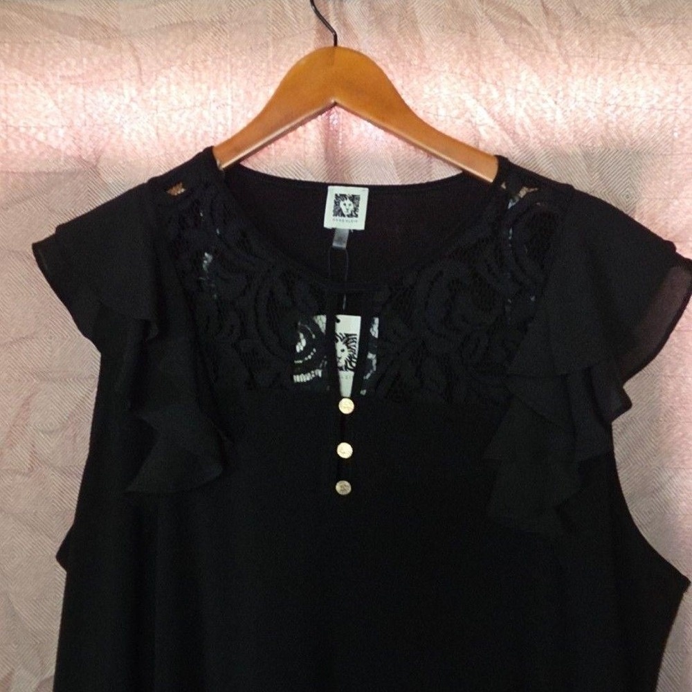 Anne Klein Top Womens 2X Plus Black Lace Flutter Sleeve Tunic Blouse Keyhole
